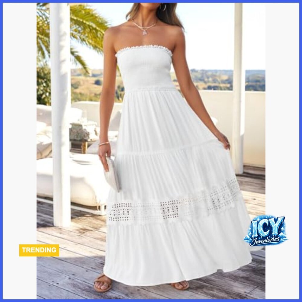 Rayon Maxi Dress Strapless Backless Boho Summer Beach Vacation - Picture 2 of 7